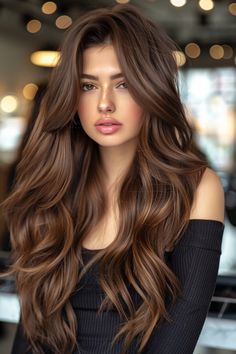 Woman with long, wavy brown hair and off-shoulder black top in a softly lit indoor setting. Chocolate Brown Hair Balayage, Rich Brunette Hair Color, Warm Chocolate Brown Hair, Rich Chocolate Hair Color, Caramel Highlights On Dark Hair, Dark Brunette Balayage Hair, Blended Highlights, Dark Brunette Balayage, Hair Color Hairstyles