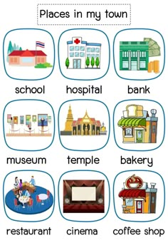 the words in this poster are english and have pictures of buildings, shops, and other things