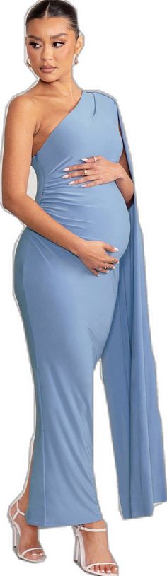 Elegant Blue Maxi Maternity Dress, Fitted Blue Maternity Maxi Dress, Blue Fitted Maxi Maternity Dress, Fitted Blue Maxi Length Maternity Dress, Blue Stretch Maternity Dress, Dress With Cape, Blue Bodycon, One Shoulder Maxi Dress, Shoulder Cape