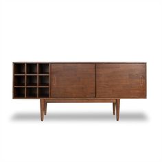 the sideboard is made out of wood and has two open compartments on each side