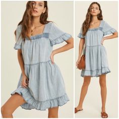 Adorable Light Wash Denim Babydoll Dress Featuring Short Sleeves With Ruffled Trim, A Square Neckline With Elastic Stretch Smocking Along The Top, Ruffle Trimmed Bottom Hem And A Flowly Comfortable Babydoll Fit. The Washing Process Makes Each Piece With A Unique Coloring Material: 100% Tencel Sizes Run S/M & M/L Use Below For Size Reference: Small: 4/6 Medium: 8/10 Large: 12/14 Our Boutique Is Filled With A Curated Collection Of Styles: Spell Gypsy Boho Bohemian Hippie Retro Vintage Handmade Coa Casual Tiered Denim Dress, Ruffled Short Sleeve Denim Dress, Short Sleeve Denim Dress With Ruffles, Casual Denim Blue Dresses With Ruffles, Casual Denim Blue Dress With Ruffle Hem, Denim Blue Ruffled Mini Dress, Medium Wash Denim Mini Dress With Ruffles, Casual Denim Blue Mini Dress With Ruffles, Cute Denim Blue Summer Dress