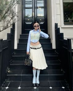 Miu Miu Inspired Outfit, Kpop Outfit Inspired, Miumiu Aesthetic, Miumiu Outfit, Shanghai Outfit, Museum Fits, Stage Outfits Ideas, High Waisted Pleated Skirt, Spoon Set