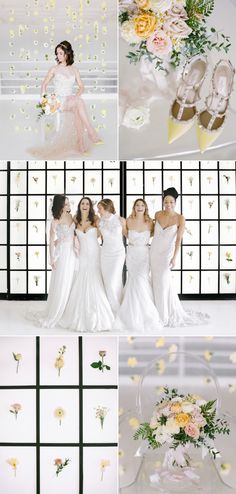 the bride and her bridal party are posing for pictures in their wedding gowns