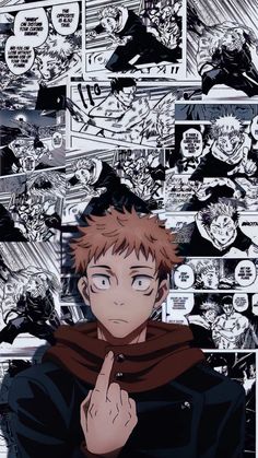 an anime character with red hair and brown eyes standing in front of a bunch of comics