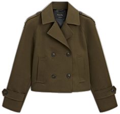 Chic Khaki Cropped Jacket For Work, Cropped Outerwear For Office In Fall, Classic Cropped Outerwear With Double Button Closure, Chic Cropped Outerwear With Double-breasted Button, Chic Cropped Outerwear With Double-breasted Button Fastening, Chic Khaki Pea Coat For Work, Cropped Trench Coat, Massimo Dutti, Double Breasted