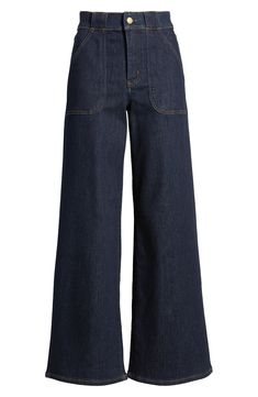 A modern wide leg and contrast topstitching that highlights the high waist, pockets and hems will make these stretch-denim jeans a fast favorite. 30 1/2" inseam; 24" leg opening; 11" front rise; 15" back rise (size 29) Zip fly with button closure Front slant pockets; back patch pockets 93% cotton, 5% polyester, 2% elastane Machine wash, dry flat Imported High West Jeans, Wide Legged Jeans, High Waist Wide Leg Jeans, Contrast Topstitching, Wide Leg Jeans, Stretch Denim, Straight Leg Jeans, Leg Jeans, White Jeans