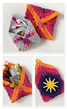 crocheted purses are shown in three different pictures