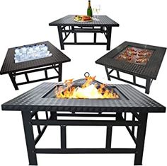 an outdoor table with four different tables around it, including a fire pit and wine glasses on top