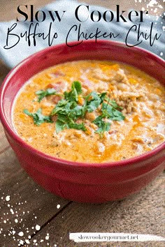 slow cooker buffalo chicken chili in a red bowl