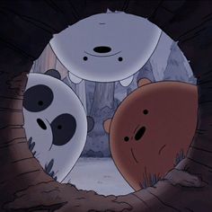 two cartoon bears are peeking out from behind a hole in the ground with snow on it