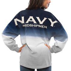 Show off your Navy Midshipmen devotion by wearing this Ombre Spirit Jersey long sleeve T-shirt around town.Show off your Navy Midshipmen devotion by wearing this Ombre Spirit Jersey long sleeve T-shirt around town.PRODUCT FEATURESOfficially licensedLong sleeveBrand: Spirit JerseyMachine wash, tumble dry lowMaterial: 100% CottonHand dip-dyed coloringRounded hem3D puff ink printed on backRib-knit collar and cuffs Size: XL. Gender: female. Age Group: adult. Fraternity Collection, Jersey Long Sleeve, Dip Dye, Fashion Plates, Jersey Design, Navy Women, Womens Clothing Tops, Long Sleeve T Shirt