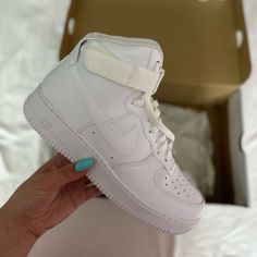 Nike Air Force Ones High 07” Size 8 In Women 9.5 In Men Only Worn Once And In Mint Condition White High-top Nike Air Force 1 With Laces, White High-top Nike Air Force 1, Nike High-top Custom Sneakers With White Laces, Shoes Air Force 1s, Air Force High, Shoes Air Force, Nike Shoes Air, Nike Shoes Air Force, Air Force 1s