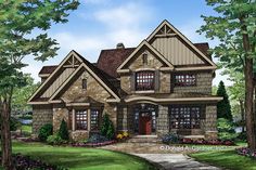 this is an artist's rendering of a house in the country style with stone and shingles