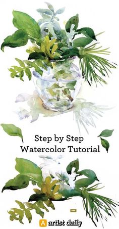 watercolor flowers in a glass vase with text overlaying the image and below it