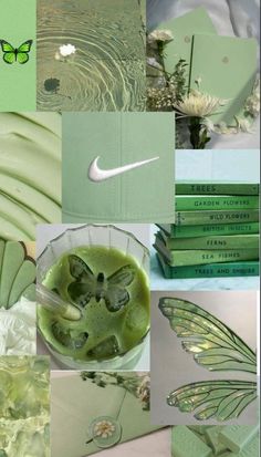 a collage of photos with green and white items in them, including books, watermelon slices, butterfly wings, and flowers