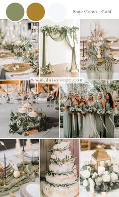 a collage of photos with green and gold wedding colors, including greenery on the table