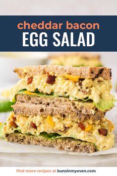 egg salad sandwich stacked on top of each other with the title text overlay reading cheddar bacon egg salad