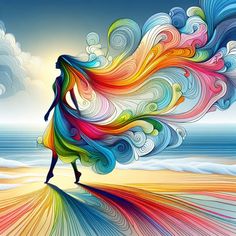 a woman is walking on the beach with her colorful hair blowing in the wind and clouds