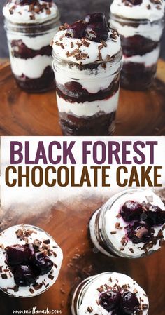 black forest chocolate cake in a jar with whipped cream and cherries on the top