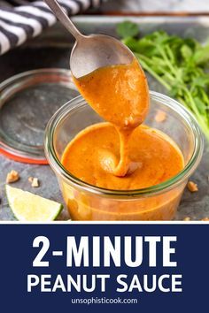 two minute peanut sauce in a glass jar with a spoon