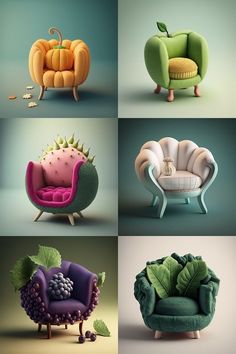 four different types of chairs and couches with leaves on the back, in various colors