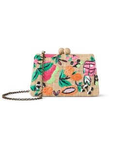 Serpui's Candice clutch will add the perfect finishing touch to all your summer ensembles. Embroidered with a colorful fruit motif, this raffia bag features a magnetic snap closure with the option of a metal or pink resin shoulder strap. Style this eye-catching accessory with everything from cocktail dresses to breezy sets. Spring Woven Pouch Clutch, Chic Multicolor Clutch For Spring, Chic Multicolor Spring Clutch, Rectangular Clutch For Spring, Spring Rectangular Clutch, Chic Embroidered Summer Clutch, Summer Embroidered Pouch Clutch, Chic Summer Clutch For Fashion, Chic Embroidered Summer Bags