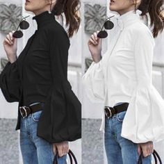 US$ 28.00 - Elegant Fashion Slim High Collar Long Sleeve Puff Cuff Button Blouse - www.streetsangels.com Plus Size Turtleneck, Slim Blouse, Turtleneck Shirt, Button Blouse, Blouse Tops, Woman Standing, Casual Blouse, Ladies Tops Fashion, Long Sleeve Casual