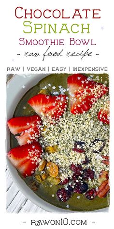 chocolate spinach smoothie bowl with strawberries and granola