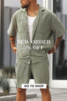 Men's Fashion Loose Geometric Print Shirt Shorts Two-Piece Set Casual Geometric Pattern Tops For Vacation, Summer Collared Sets With Pockets, Collared Summer Sets With Pockets, Long Sleeve Shirt With Geometric Pattern For Summer, Casual Printed Collared Set, Fitted Shirt With Geometric Pattern For Summer, Casual Summer Tops With Geometric Pattern, Green Geometric Pattern Tops For Summer, Summer Shirt With Geometric Pattern