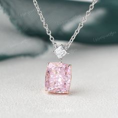 5ct Pink Simulated Diamond Necklace Cushion Pink CZ Two Stones White Gold Princess Cut Pendant Bridesmaid Necklace Anniversary Gift For Her Jewelry Details: * Center Stone: Pink Cubic Zirconia (Simulated Diamond) * Measures: 5ct * Accent Stone: Colorless Cubic Zirconia (Simulated Diamond) * Color: white gold as the picture, rose gold and yellow gold ( both chain and pendant ) * Metal Type: Solid 14k yellow gold, rose gold, white gold (Platinum, 10K or 18K metal upgrade, upon request) * Eco Frien Luxury Rose Gold Diamond Necklace With Gemstone, Wedding Solitaire Necklace With Gemstone, Cubic Zirconia Solitaire Necklace For Valentine's Day Wedding, Silver Solitaire Necklace For Valentine's Day Wedding, Formal Pink Diamond Cut Necklaces, Pink Clavicle Chain Jewelry For Anniversary, Pink Necklaces With Prong Setting For Gifts, Pink Clavicle Chain Necklace For Anniversary, Pink Clavicle Chain Necklaces For Anniversary