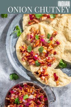 Indian onion chutney spread over poppadoms on a grey background. Indian Onion Chutney, Onion Chutney Recipe, Red Onion Chutney, Raw Onion, Cold Dip Recipes, Onion Chutney, Curry Night, School Recipes, Light Meals