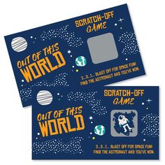 two tickets with space theme on them for an outer world party or game night event