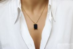 "A Black Onyx necklace is a true embodiment of sophistication and elegance. This gem necklace is handcrafted in 14k gold and features a rectangular Black Onyx gemstone in prongs. Everything about this yellow gold necklace is to love - it is versatile and totally wearable from day until evening. ♥ Gemstone Type - Black Onyx ♥ Gemstone Size - 13x18mm ♥ Gemstone Cut - Rectangle - More options available in the drop down menu ♥ Metal Type (Main Photo) - 14k Gold Filled - More options available in the Formal Necklace With Rectangular Gemstone Pendant, Rectangular Gemstone Necklace For Formal Occasions, Formal Gemstone Necklace With Rectangular Pendant, Formal Rectangular Gemstone Necklace, Luxury Necklace With Rectangular Stone For Gift, Luxury Rectangular Stone Necklace For Gift, Everyday Jewelry With Rectangular Gemstone Pendant, Luxury Gold Necklace With Rectangular Stone, Elegant Rectangular Necklaces For Formal Occasions