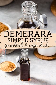 a bottle of demerara syrup next to some coffee beans and other food items