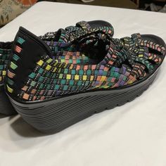 Brand New Multicolor Synthetic Sandals With Rubber Sole, Multicolor Closed Toe Synthetic Sneakers, Multicolor Synthetic Closed Toe Sneakers, Multicolor Slip-on Platform Sneakers, Multicolor Slip-on Sneakers With Woven Sole, Multicolor Leather Closed Toe Sneakers, Multicolor Leather Sneakers, Skechers Sandals, Strappy Wedge Heels