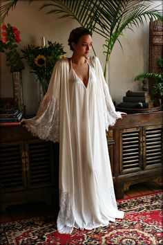 Satin Bridal Robe Lace Trimmed Angel Sleeve Wedding Sleepwear Lace Patchwork Gown For Wedding Night, Lace Dress With Lace Cuffs For Wedding Night, Satin Wedding Nightgown With Lace Trim, Wedding Satin Nightgown With Lace Trim, Wedding Nightgown With Delicate Lace And Satin, Satin Wedding Nightgown With Delicate Lace, Cream Lace Wedding Nightgown, Satin Nightgown With Delicate Lace For Wedding, Wedding Satin Nightgown With Delicate Lace