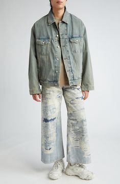 A faded wash and light distressing bring an instant lived-in look to this trucker jacket crafted in an oversized fit from nonstretch denim. 26" length (size XX-Small/X-Small) Front button closure Spread collar Button cuffs Chest button-flap patch pockets; front welt pockets Adjustable button side tabs 100% cotton Machine wash, tumble dry Made in Italy Designer Clothing Relaxed Fit Washed Denim Jacket In Recycled Denim, Light Wash Relaxed Fit Recycled Denim Jacket, Light Wash Relaxed Fit Denim Jacket In Recycled Denim, Distressed Denim Jacket In Recycled Denim, Relaxed Fit Light Wash Recycled Denim Jacket, Faded Denim Jacket With Frayed Hem, Faded Cotton Denim Jacket With Frayed Hem, Washed Blue Distressed Denim Jacket In Relaxed Fit, Rugged Distressed Outerwear For Spring