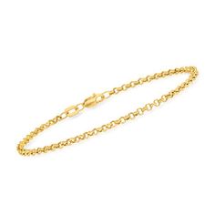 Ross-Simons - 14kt Yellow Gold Rolo Chain Bracelet. 7". RS Pure. Delicate designs and minimalist styles that complete every look. A jewelry box essential, this dainty 2.5mm rolo-link bracelet gleams in polished 14kt yellow gold. Add to your stack of simple bracelets for an on-trend statement! Lobster clasp, 14kt yellow gold rolo chain bracelet. Elegant Yellow Gold Bracelet With Rolo Chain, Classic Gold Bracelet With Rolo Chain, Classic Gold Bracelet With Rolo Chain For Everyday, Classic Gold Rolo Chain Bracelet, Elegant Gold Rolo Chain Bracelet, Classic 14k Gold Bracelet With Rolo Chain, Classic Yellow Gold Bracelet With Delicate Chain, Everyday Yellow Gold Rolo Chain Bracelet, Minimalist Yellow Gold Bracelet With Rolo Chain