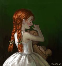 a painting of a girl in a white dress holding a teddy bear with her hands