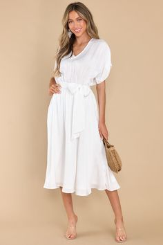 Pretty White Tie Back Midi - Short Sleeve Dresses | Red Dress Summer V-neck Belted Midi Dress, Belted V-neck Midi Dress, Spring V-neck Belted Dress For Date Night, Chic V-neck Belted Dress For Day Out, Casual V-neck Dress With Belt, Chic V-neck Midi Dress With Belt, Chic Flowy Midi Dress With Tie Waist, Knee-length Belted Midi Dress For Day Out, Chic Belted Dress For Spring Brunch