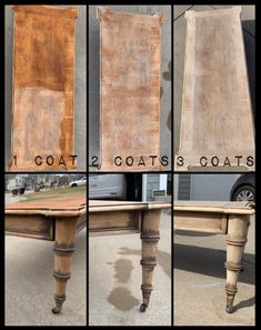 four different views of an old table that has been turned into a dining room table