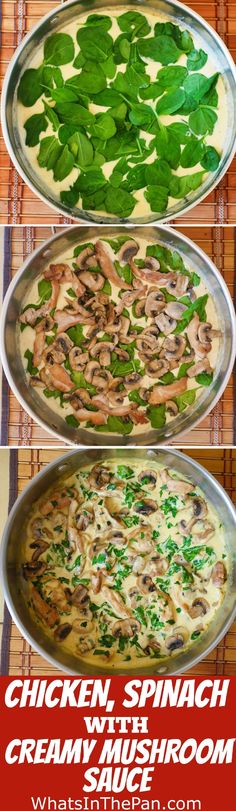 three pans filled with different types of food