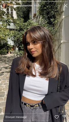 Whispy Medium Length Haircut, Medium Haircut Brown Hair, Medium Length Dark Hair With Highlights Long Bobs, Mid Length Haircut With Face Framing Layers, Light Brown Hair With Black Eyebrows, Chunky Layers Medium Length Hair Curtain Bangs, Summer Curtain Bangs, Emily Ratajkowski Hair Short, Medium Length Haircut Old Money