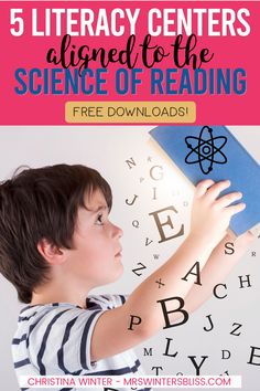 a young boy reading a book with the title 5 library centers aligned for the science of reading