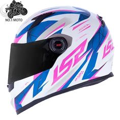 a white helmet with blue and pink designs on the front is shown in this image