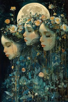 three women with flowers in their hair are facing each other and the moon is above them