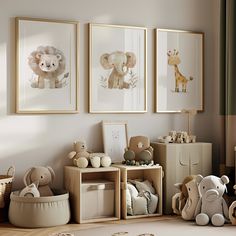 a baby's room with three pictures on the wall and several toys in baskets