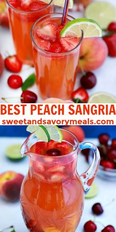 the best peach sangria is served in pitchers with garnishes