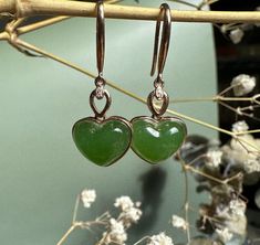 AA Bright Green Siberian Nephrite Jade Heart Earrings, set in 18k Gold Jade measures approximately 8x10mm Jade Heart Necklace, Affordable Handmade Jade Earrings, Traditional Pierced Jade Earrings, Elegant Heart-shaped Jade Jewelry, Hypoallergenic Dangle Jade Earrings, Jade Charm, Nephrite Jade, Jade Bangle, Jade Earrings