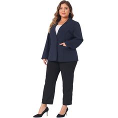 A workwear business blazer that's sleek enough for your office time. The notch panel detail is breathable enough to take to work hours. It's constructed from a notch panel and long sleeves that define your outfit without being plain. This suit jacket is a wardrobe essential for any fashion-conscious woman. The front pockets, single button closure, and long sleeves make it practical for everyday wear, while the unique collar adds a touch of sophistication to your look. Made from durable materials Womens Oversized Blazer, Office Time, Spring Blazer, Plus Size Work, Peplum Blazer, Work Formal, Versatile Jacket, Button Long Sleeve, Navy Blue Blazer